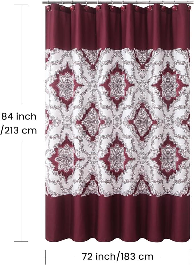 BESTRIPES Extra Long Burgundy Shower Curtain 84 Inches, Water Repellent Fabric with Medallion Pattern, 12 Metal Grommets & Weighted Hem - ModernBath