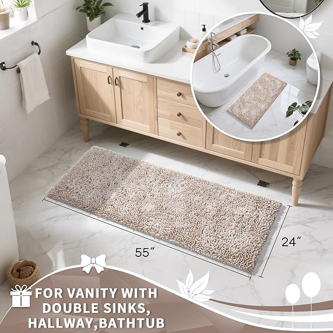 Yimobra Long Bathroom Rugs Runner 55x24 Inch, Extra Thick Soft Absorbent Chenille Bath Mat, Non Slip Machine Washable, Quick Dry Bath Rugs for Bathroom Floor, Tub and Shower, Khaki - ModernBath