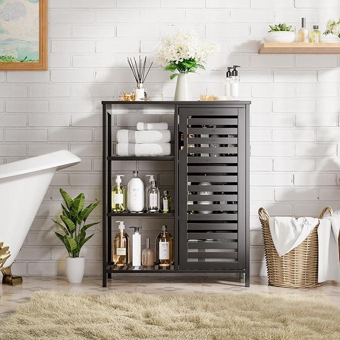 HITNET Black Bathroom Cabinet, Freestanding Storage Cabinet Bamboo Kitchen Floor Cupboard with Door and Shelf, Space Saving Side Storage Organizer for Living Room Bedroom Home Office - ModernBath