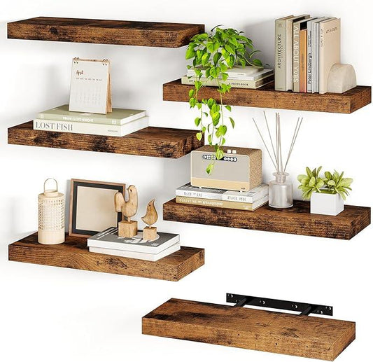 Fixwal 15.8in Floating Shelves, Set of 6 Wood Shelves, Farmhouse Shelf Wall Decor for Bathroom, Bedroom, Living and Kitchen Room (Rustic Brown) - ModernBath