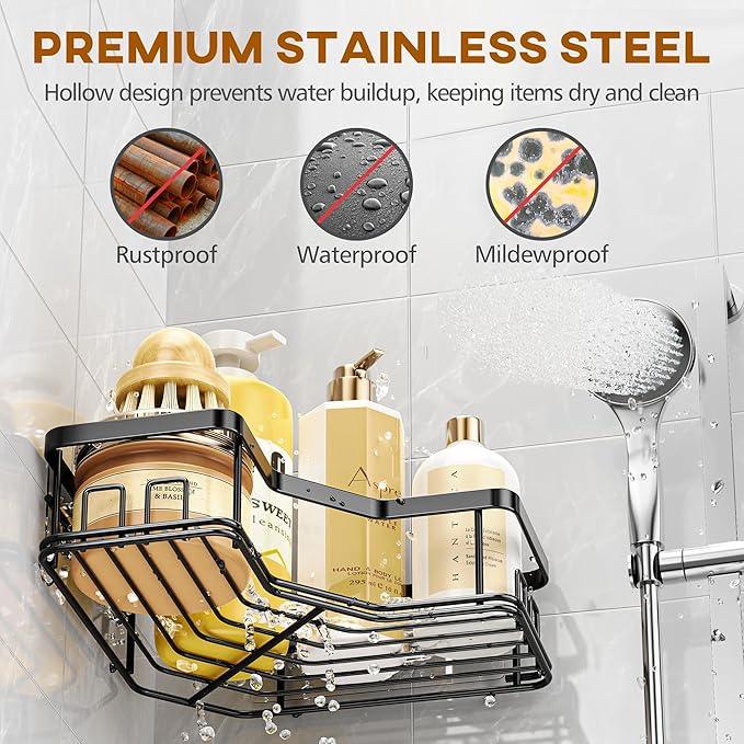 MAXIFFE 3 Pack Corner Shower Caddy with Soap Holder, Large Capacity Sturdy Easy Install No Drilling Stainless Steel Hold 40 LBS Shower Organizer Shelves Rack Storage for Family Renters Bathroom, Black - ModernBath