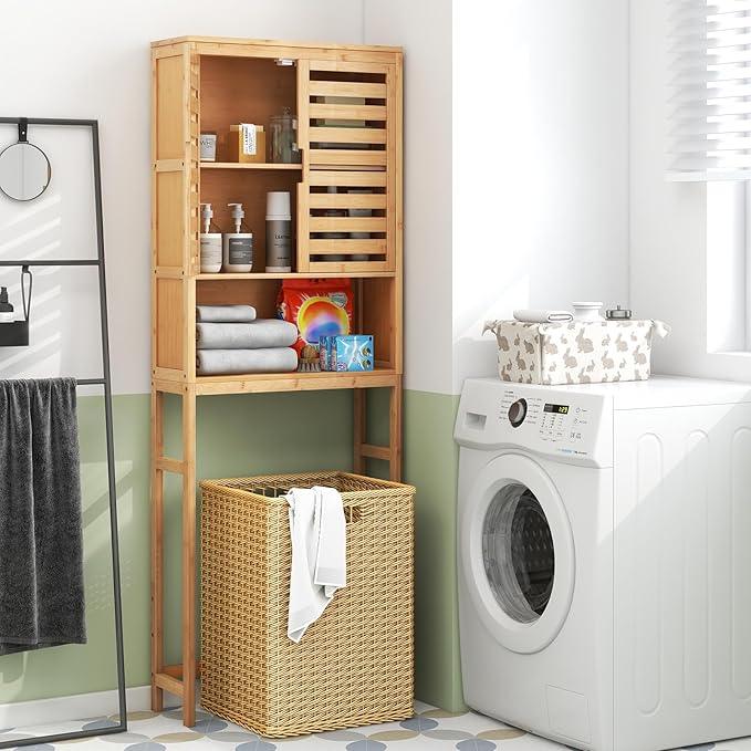 Tangkula Over The Toilet Storage Cabinet, Bamboo Bathroom Space Saver with 2 Doors, Adjustable Bottom Bar, Open Shelf, Freestanding Bathroom Cabinet Organizer Above Toilet for Restroom, Laundry Room - ModernBath