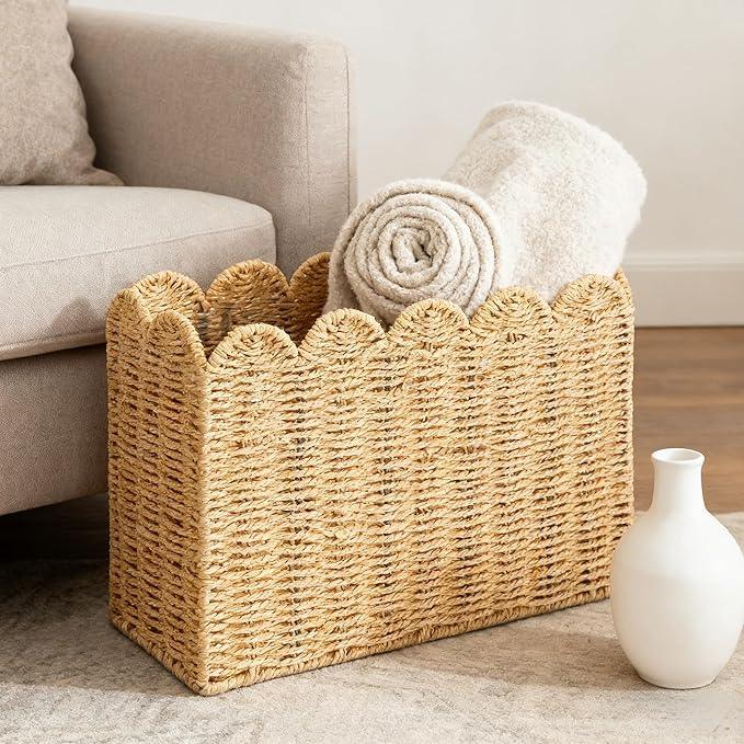 Handwoven Khaki Paper Rope Magazine Holder with Scalloped Edge –Toilet Paper Storage Basket Decorative Storage Basket for Magazines, Newspapers, Mail, Living Room, Bathroom & Office - ModernBath
