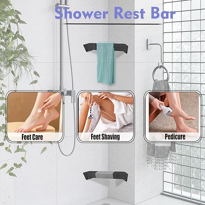 LIWEIKE Shower Foot Rest for Shaving Legs Non-Slip Scrub Corner Shower Footrest Bar Sturdy Stainless Steel Bathroom Stool for Shower to Shaving Legs Square, Matte Black - ModernBath