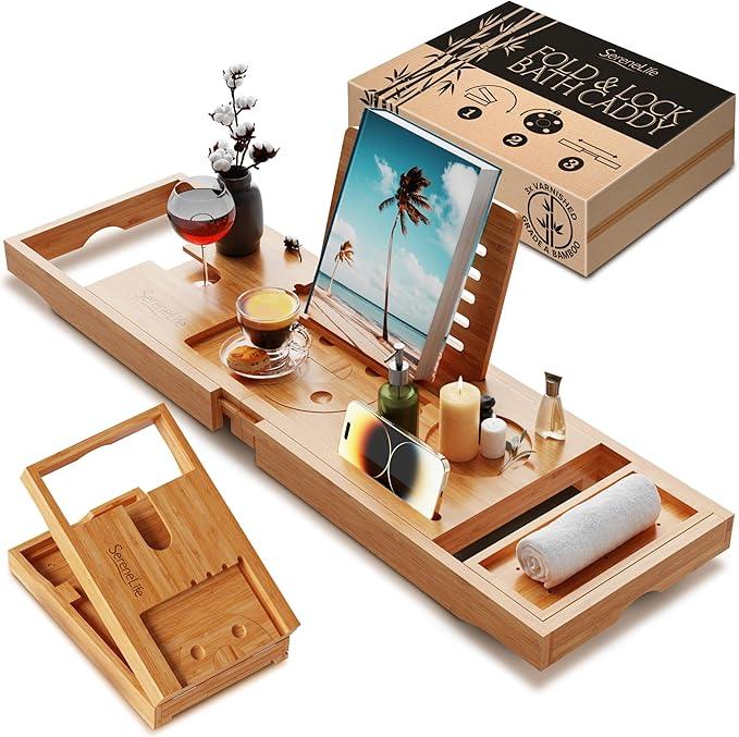 SereneLife Premium Bathtub Tray Caddy with Gift Box and Bow Set, Expandable Bath Tray, Unique House Warming Gifts for Mom, Women, Wedding, Anniversary, Bridal Shower, Fit for All Tub - Classic - ModernBath