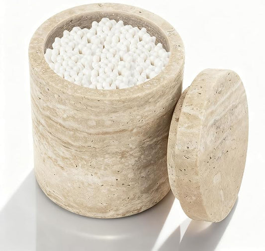 N NANSHOP Natural Marble Canister, Cotton Swab Holder with Lid, Marble Toothbrush Holder Qtip Holder Storage for Cotton Swab, Floss Picks, Makeup Pad, Bath Salt, Beige White Travertine(NS019)