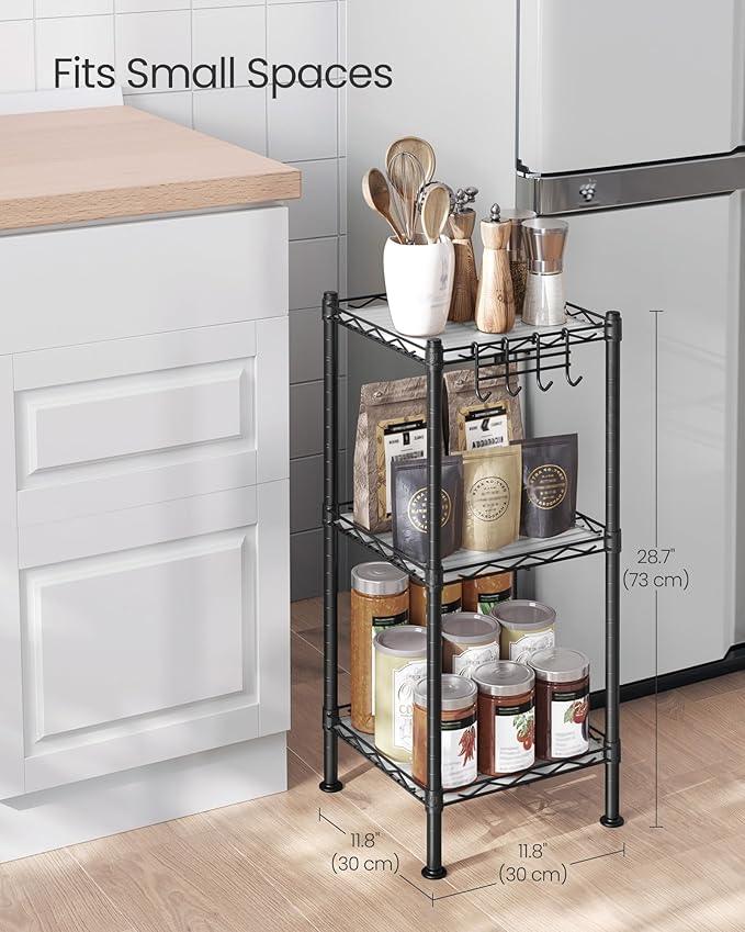 SONGMICS 3-Tier Bathroom Shelf, Storage Rack for Small Space, with 3 PP Shelf Liners, Removable Hook, Extendable Design, Ink Black and Translucent ULGR103B01 - ModernBath
