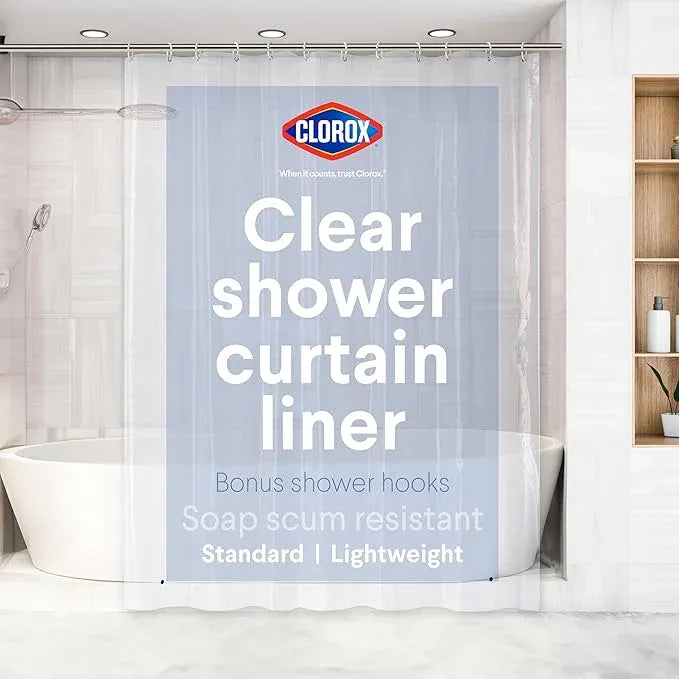Clorox Shower Curtain Liner & Hooks, Premium Lightweight Flexible Waterproof 4g PEVA for Bathroom with Weighted Magnets, Standard Size 70" x 72", Clear 1 Pack - ModernBath