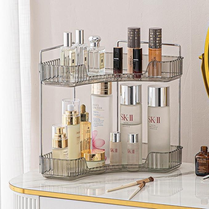 shuang qing 2-Tier Corner Bathroom Counter Organizer – Classic Storage Shelf for Makeup, Perfume & Toiletries, Space-Saving Countertop Tray Fits Bathroom, Dresser, Kitchen (Slate Gray) - ModernBath