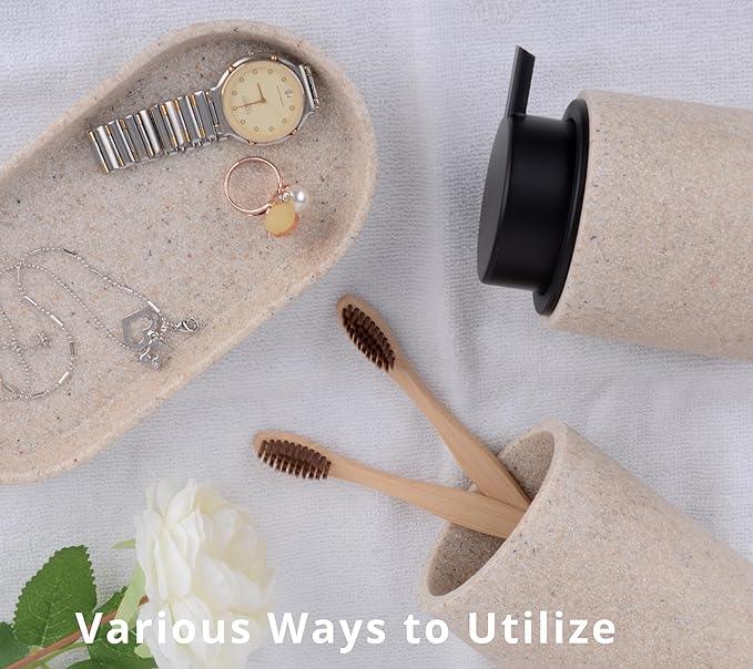 Clasin Home Beige Bathroom Accessories Set, 3 Pcs Resin Bathroom Accessories Complete Set, Sandstone Look Soap Dispenser with Large Pump, Toothbrush Cup, Soap Dish for Modern Home Decor and Kitchen - ModernBath