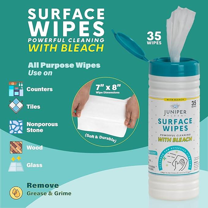 Juniper CLEAN 12 Pack Surface Cleaning Wipes with Bleach, All-Purpose Cleaner for Bathroom, Kitchen, Office, 420 Count Canister, 7.5" x 7" Sheet, Fresh Scent, Lint Free & Durable - ModernBath