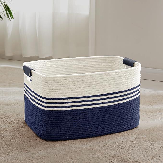 60L Large Laundry Basket with Leather Handles for Living Room Storage, Woven Rope Baskets Bin for Blanket, Kids Toy, Gifts, Wicker Hamper for Bedroom Dirty Clothes, 21"x15"x11" White Navy - ModernBath