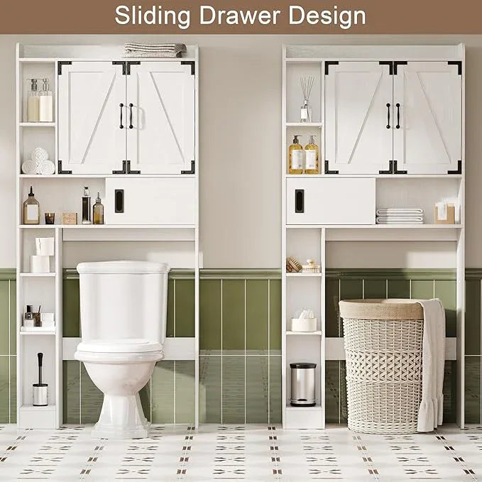 ChooChoo Over The Toilet Storage Cabinet, Farmhouse Bathroom Storage Cabinet with Sliding Door, Over Toilet Storage with Adjustable Shelves, Space-Saving, Antique White - ModernBath