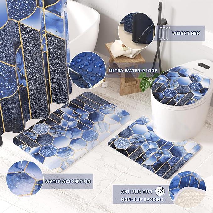 XLHOMO Bathroom Sets with Shower Curtain and Rugs - 4PC Navy Blue Geometric Shower Curtain Set with 12 Hooks, Toilet Cover, U-Shaped Mat and Rugs Modern Abstract Bathroom Accessories for Bathroom - ModernBath