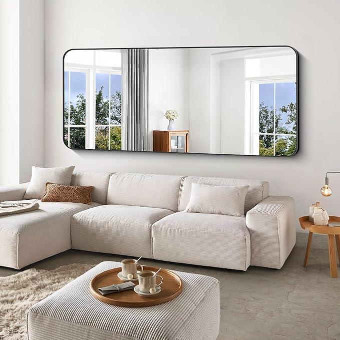 CIVENO Large Bathroom Mirror, 72x30 inch Black Metal Frame Rectangular Vanity Mirror, Rounded Corner Wall Mounted Rectangle Mirrors for Bedroom Living Room Hangs Horizontal Or Vertical - ModernBath