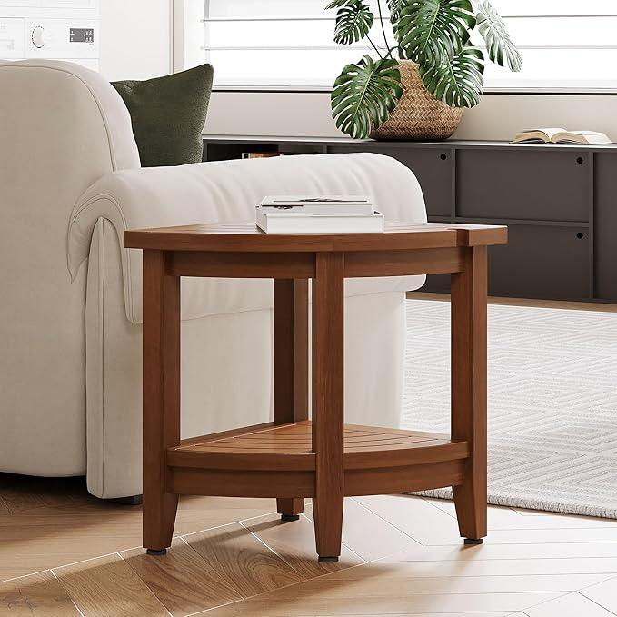 Jekruiet 18" Teak Corner Shower Stool, Inside Shower Stool with Storage Shelf, Waterproof Teak Stool for Shaving Legs and to Sit On, 2-Tier Shower Stool,Adjustable Feet, Non-Slip, Brown - ModernBath