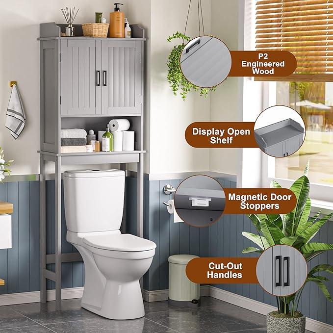 BlueWish Over The Toilet Cabinet, Bathroom Over Toilet Storage with Adjustable Shelves, Anti-toppling Design, Over Toilet Cabinet for Bathroom, Restroom, Laundry, Grey - ModernBath