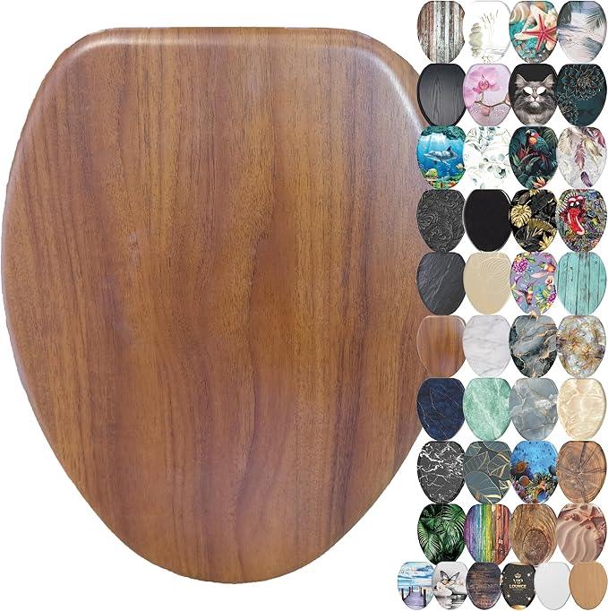 SANILO Wooden Toilet Seat with Soft Close [ELONGATED] - Decorative, Quiet & Slow Close Molded Wood Seat - With Strong Bumpers & Hinges - Adjustable Fit - Mahogany - ModernBath