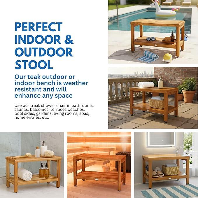 EcoDecors Eleganto 30 Inch Natural Color Waterproof Teak Wood Shower Bench Stool Seat Chair For Inside Shower Provides Safety, Storage, and Organization For Bathroom Accessories - ModernBath
