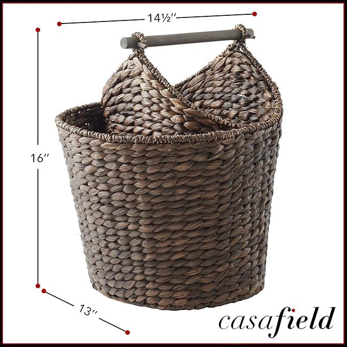 Casafield Toilet Paper Roll Storage Basket with Magazine Holder, Espresso - Woven Water Hyacinth Wicker Bathroom Bin for Bath Tissue and Toiletries - ModernBath