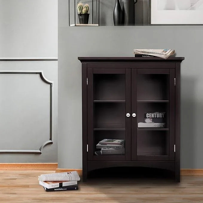 Teamson Home Madison Wooden Floor Cabinet with 2 Glass Doors, Espresso - ModernBath