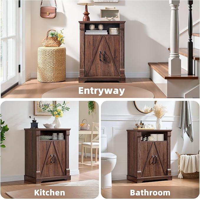 24" Farmhouse Storage Cabinet – Walnut Freestanding Buffet Sideboard with Barn Doors, Adjustable Shelf, Small Coffee Bar for Kitchen, Bathroom & Living Room - ModernBath