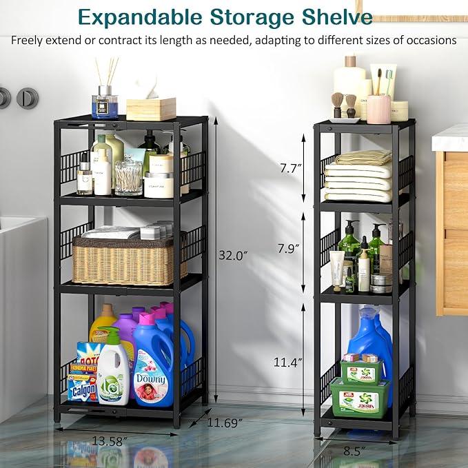 Expandable Slim Storage Shelf, 4 Tier Metal Shelving Unit for Bathroom Storage Organizer, Freestanding Narrow Shelf for Small Spaces, Open Floor Shelves for Bathroom, Laundry Room, Kitchen - ModernBath