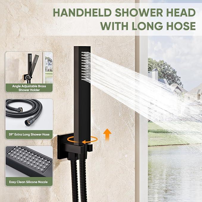 Kurpot Black Shower System, Wall Mounted Shower Faucet Set with Valve, 10-Inch Rainfall Shower Head with Handheld Combo Spray, 59'' Long Shower Hose and Shower Trim Kit, Matte Black - ModernBath