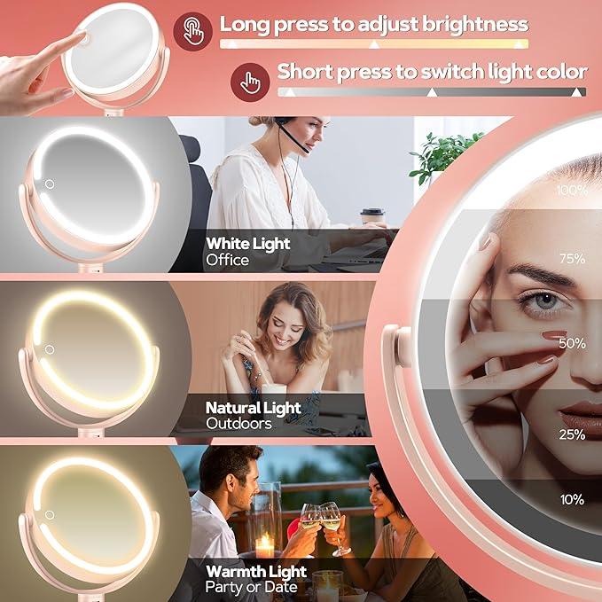 B Beauty Planet Makeup Mirror with Lights, Lighted Magnifying Mirror 30X with 3 Lighting and Adjustable Brightness, 2-Sided Height Adjustable Vanity Mirror for Bathroom, Gifts for Women Pink - ModernBath