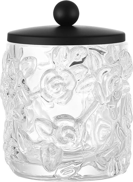 Indecor Home Clear Transparent Apothecary Floral Embossed Glass Jar With Matte Black Metal Lid Cover for Bathroom Organization, Cotton Balls, Q Tips, and Small Accessories, Bathroom Storage