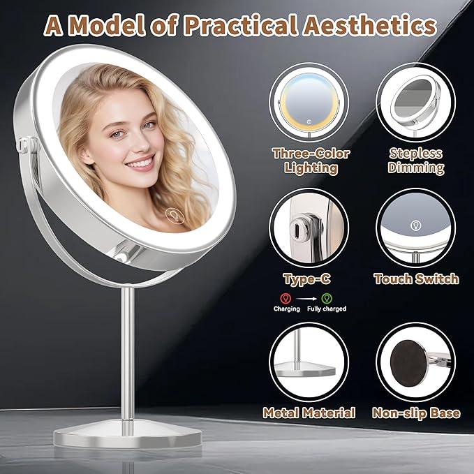 9" Magnifying Mirror with Light 1X/20X, Makeup Mirror with Light includes small mirror, 2000mAh Rechargeable, 360° Rotation, 3 Color Modes, Double-Sided, Ideal for Eyebrows, Lenses & Skincare - ModernBath