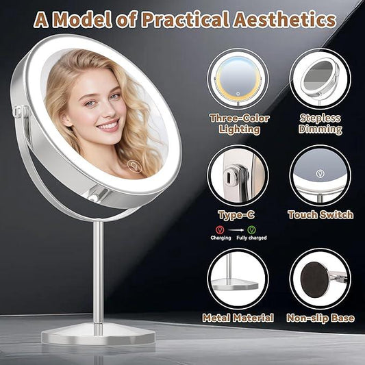 9" Magnifying Mirror with Light 1X/20X, Makeup Mirror with Light includes small mirror, 2000mAh Rechargeable, 360° Rotation, 3 Color Modes, Double-Sided, Ideal for Eyebrows, Lenses & Skincare - ModernBath