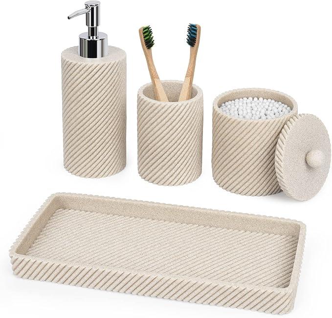 Beige Bathroom Accessories Set 4 Pcs - Toothbrush Holder,Lotion Soap Dispenser,Qtip Holder Dispenser,Vanity Tray for Countertop Vanity Organizer,Bathroom Accessory Set - ModernBath