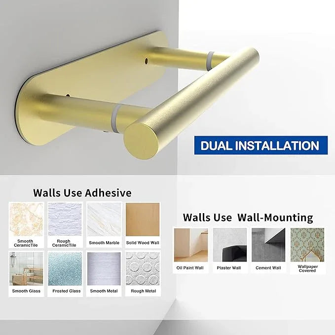 RUACQ Toilet Paper Holder, Self-Adhesive or Wall Mount, SUS304 Stainless Steel Rustproof Stick on Toilet Paper Roll Holder, No Drilling Bathroom Tissue Holder, Modern Pivoting Design (Brushed Gold) - ModernBath