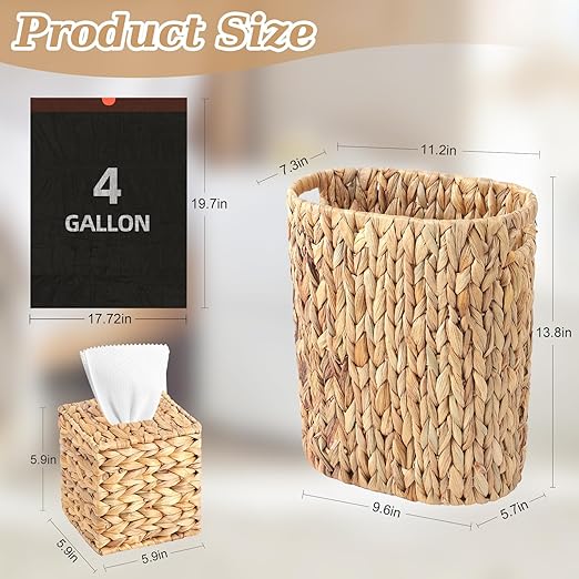 Wicker Trash Can with 150 Count 5 Gallon Trash Bag, Square Tissue Box Holder, Handwoven Waterproof Waste Basket 15L with Handles, Wicker Home Set for Bedroom, Bathroom, Kitchen (Black Trash Bag)