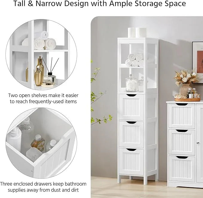 Yaheetech Bathroom Tall Cabinet, Slim Storage Cabinet, Narrow Freestanding Floor Cabinet with 3 Drawers & 2 Shelves, Linen Tower for Small Space, 12" D x 12" W x 56" H, White - ModernBath