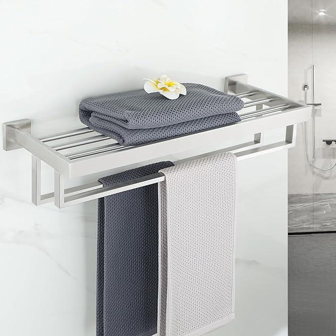 Alise Towel Rack with Double Towel Bars 24 Inch Towel Racks for Bathroom Wall Mounted,Bathroom Towel Holder Square Towel Hanger,SUS304 Stainless Steel Towel Shelf with Towel Bar,Brushed Nickel - ModernBath