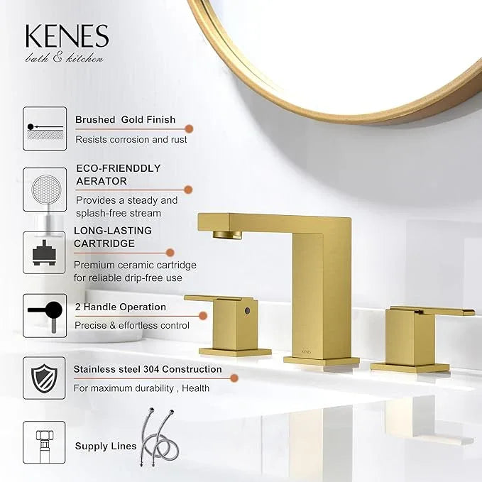 KENES Brushed Gold Widespread Bathroom Faucet 2 Handle Bathroom Sink Faucets 3 Hole, Gold 8-Inch 3 Pieces Vanity Lavatory Faucet with Supply Lines, KE-9050-4 - ModernBath