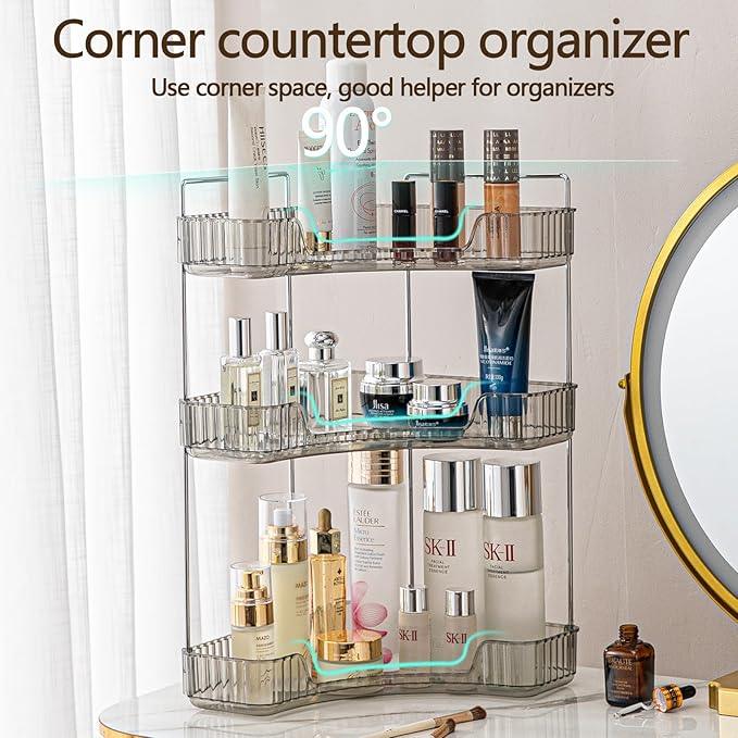 shuang qing 3-Tier Corner Bathroom Counter Organizer – Classic Storage Shelf for Makeup, Perfume & Toiletries, Space-Saving Countertop Tray Fits Bathroom, Dresser, Kitchen (Slate Gray) - ModernBath