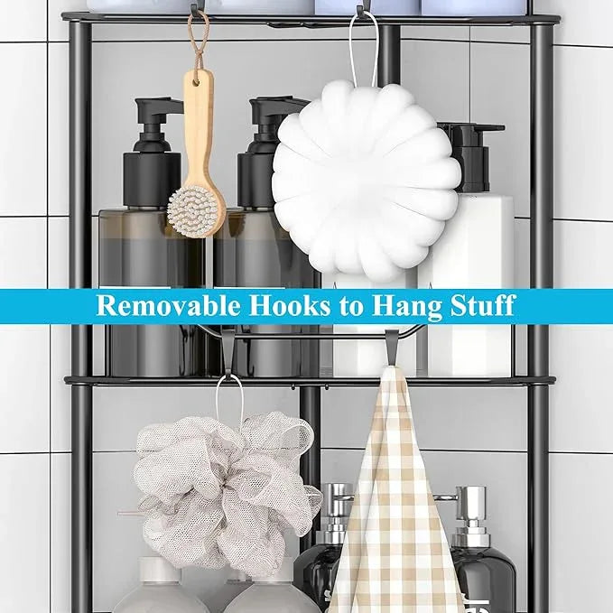 2 Tier Floor Standing Corner Shower Caddy Organizer Shelf with Hooks, Bathroom Shelves Stand Rack, Matt Black - ModernBath