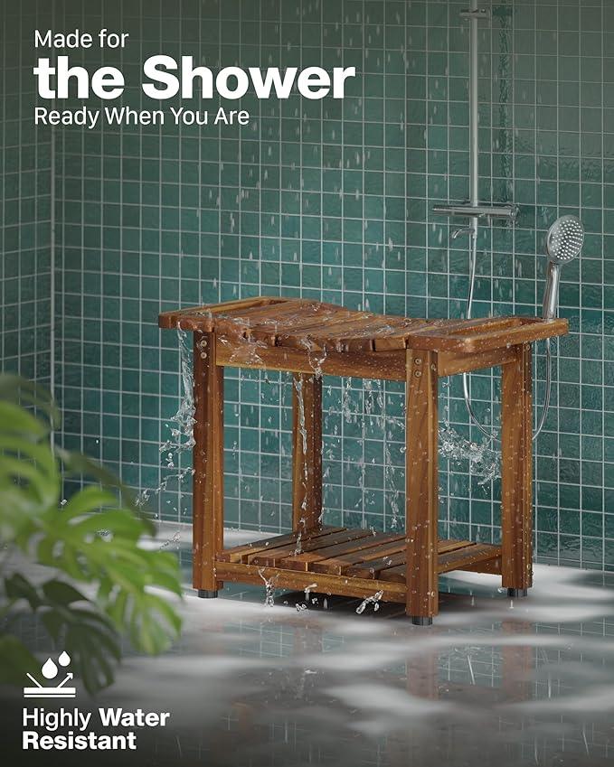 BLUEWEST Shower Bench Seat with Storage Shelf, Natural Wood Shower Benches for Inside Shower to Sit on, Waterproof Bathroom Spa Bench Stool for Legs Shaving with Built-in Handle & Shower Head Holder - ModernBath
