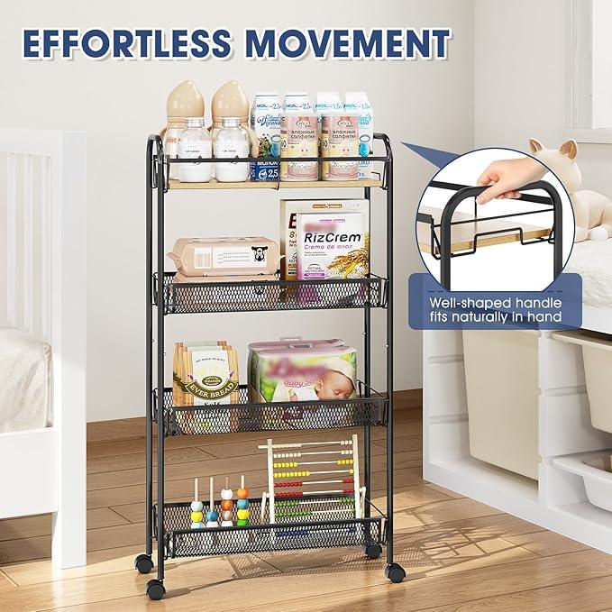 TOOLF 4-Tier Rolling Cart, Metal Utility Cart, Slide Out Storage Cart with Wooden Tabletop and Mesh Baskets, Easy Assemble Trolley for Kitchen Bathroom Laundry Room Bedroom Apartments Dormitory - ModernBath
