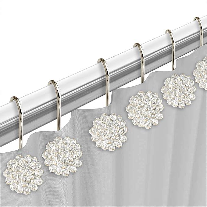 Zahari Home 13pc Rose Vine Bathroom Sheer Shower Curtain Sets Sheer Shower Curtain & 12 Shower Bathroom Hooks Modern Classic Luxury Contemporary Decor Beige Shower Curtain Set - ModernBath