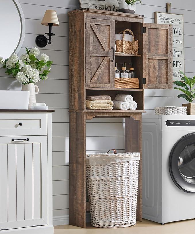ACCOHOHO Over The Toilet Storage Cabinet, Farmhouse Bathroom Cabinet with Adjustable Shelf & Barn Door, 67" Tall Over The Toilet Shelf, Rustic Brown - ModernBath