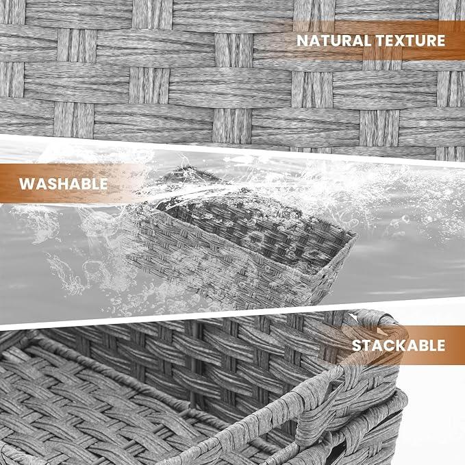 Onlytak Large Wicker Storage Basket, Metal Frame, Set of 2, Washable Waterproof, 15" x 10.3" x 5.2", Grey Color, Woven Basket for Pantry, Toilet, Bathroom, Bedroom, Patio - ModernBath