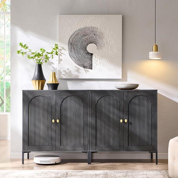Bathroom Cabinet with Storage, 61.75" W Fluted Arched Free Standing Floor Cabinet w/Adjustable Shelves, Modern Sideboard Cabinet for Bathroom, Kitchen, Living Room, Entryway, Dark Grey - ModernBath