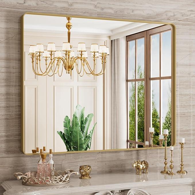 JISOSO Gold Bathroom Mirror, 40x32 Inch Brushed Gold Metal Frame Mirror for Wall, Rounded Rectangle Bathroom Vanity Mirror, Tempered Glass, Anti-Rust, Horizontal/Vertical - ModernBath