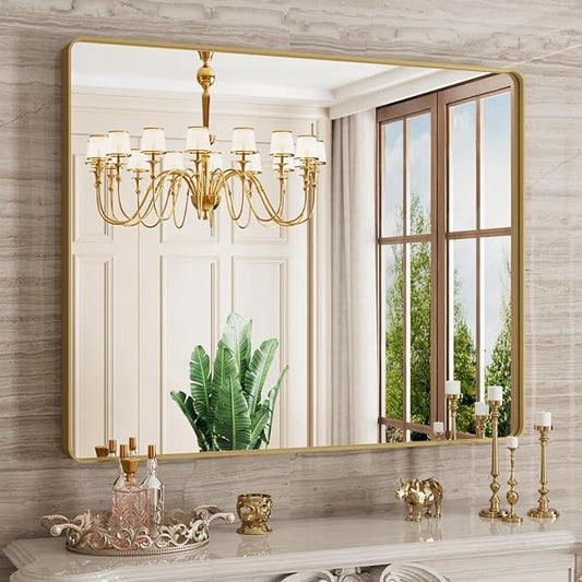 JISOSO Gold Bathroom Mirror, 40x32 Inch Brushed Gold Metal Frame Mirror for Wall, Rounded Rectangle Bathroom Vanity Mirror, Tempered Glass, Anti-Rust, Horizontal/Vertical - ModernBath