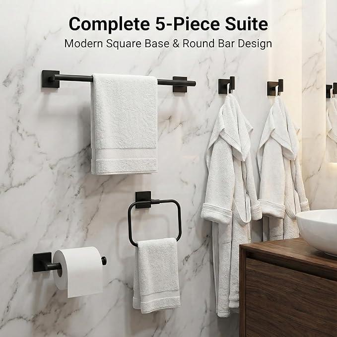 16" Matte Black Bathroom Hardware Accessories Set 5-Piece for RV Camper, SUS304 Stainless Steel Rustproof Towel Bar Kit, Durable Powder Coated Finish with 2 Robe Hooks (Matte Black) - ModernBath