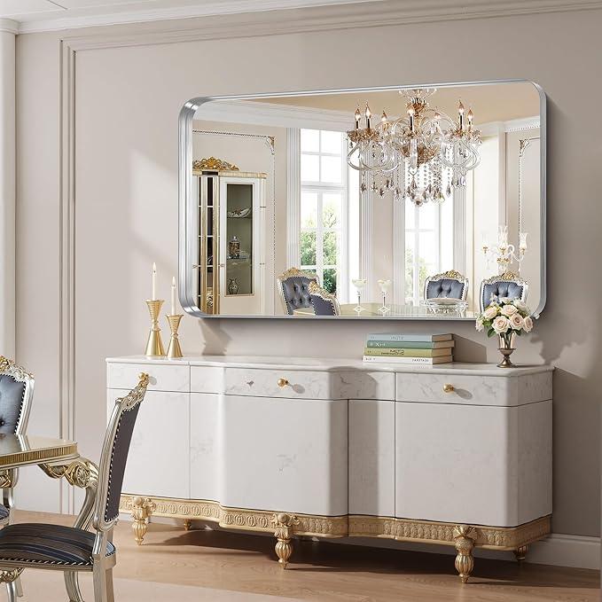 FORBATH 60x36 Inch Large Bathroom Mirror for Double Sinks, Brushed Silver Deep Frame Wall Mirror with Rounded Corners, Anti-Rust Tempered Glass for Modern Farmhouse Vanity (Horizontal/Vertical) - ModernBath
